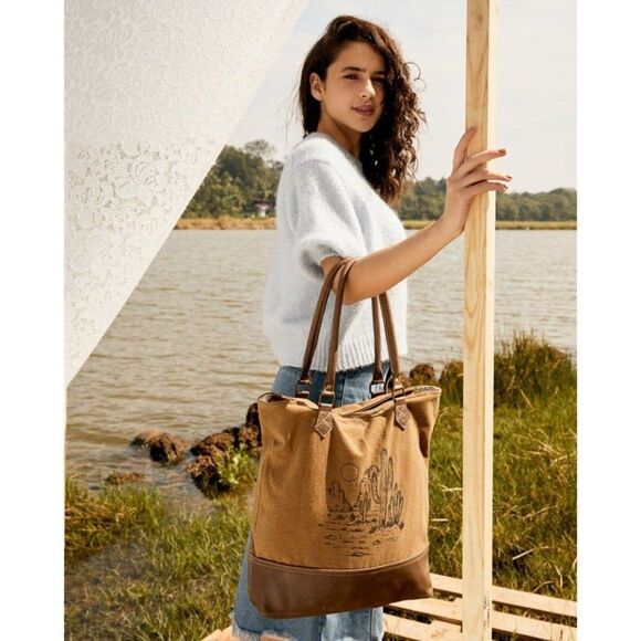 Myra Bag Handmade Composer Tote Bag Upcycled Canvas & Cowhide Leather - Picture 1 of 9